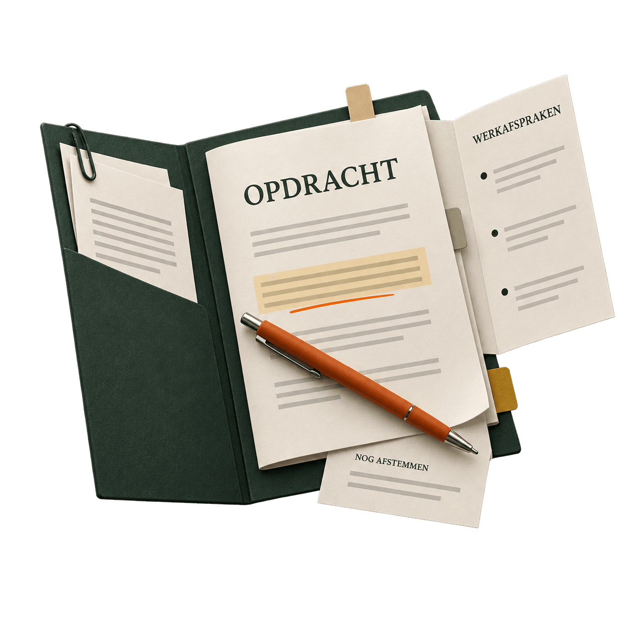 Een opengeslagen groen opdrachtdossier met een gemarkeerde alinea, een uitklapblad met werkafspraken en een briefje met de tekst nog afstemmen.